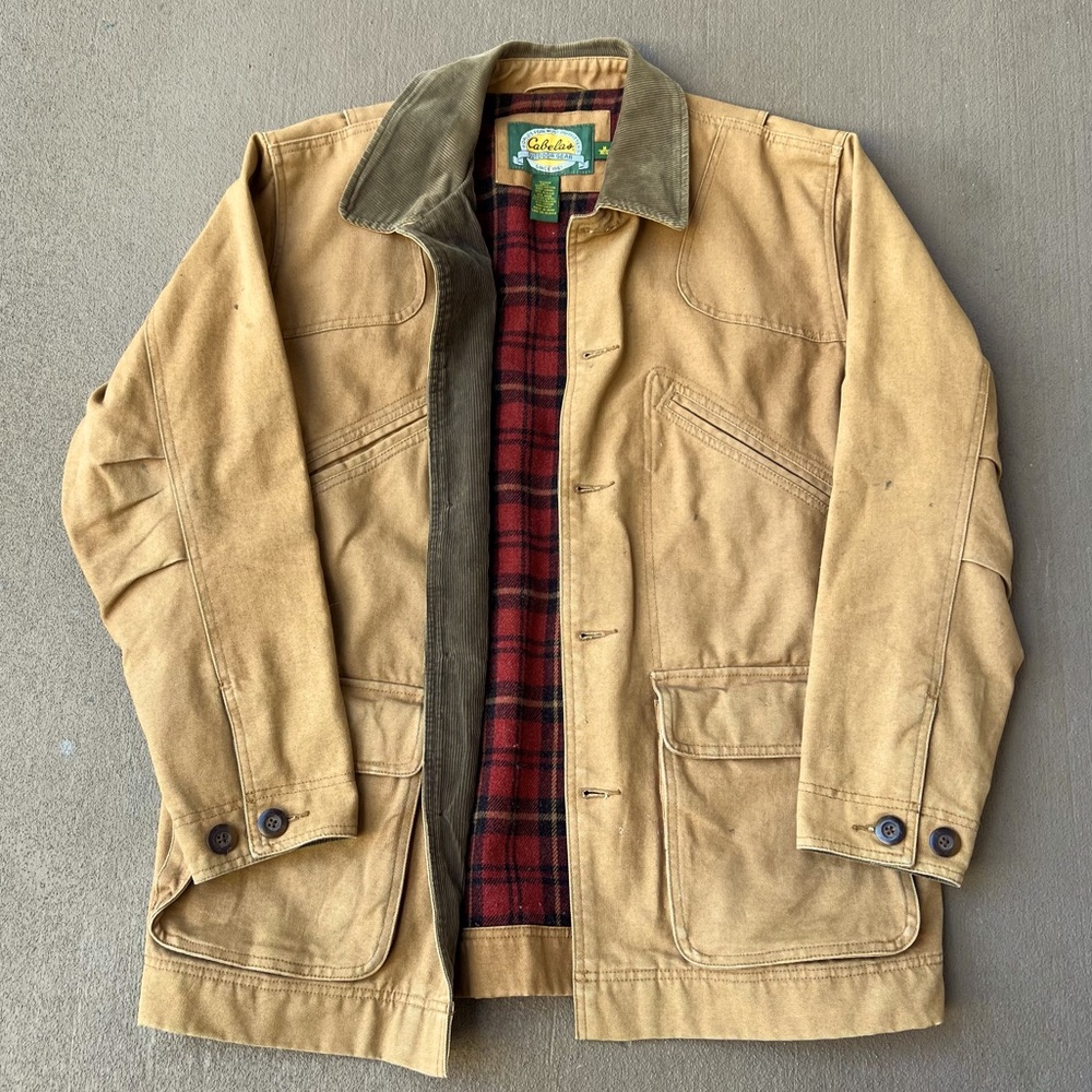 Cabela's Canvas Cord Collar Plaid Lined Barn Field Chore Full Zip Coat Jacket